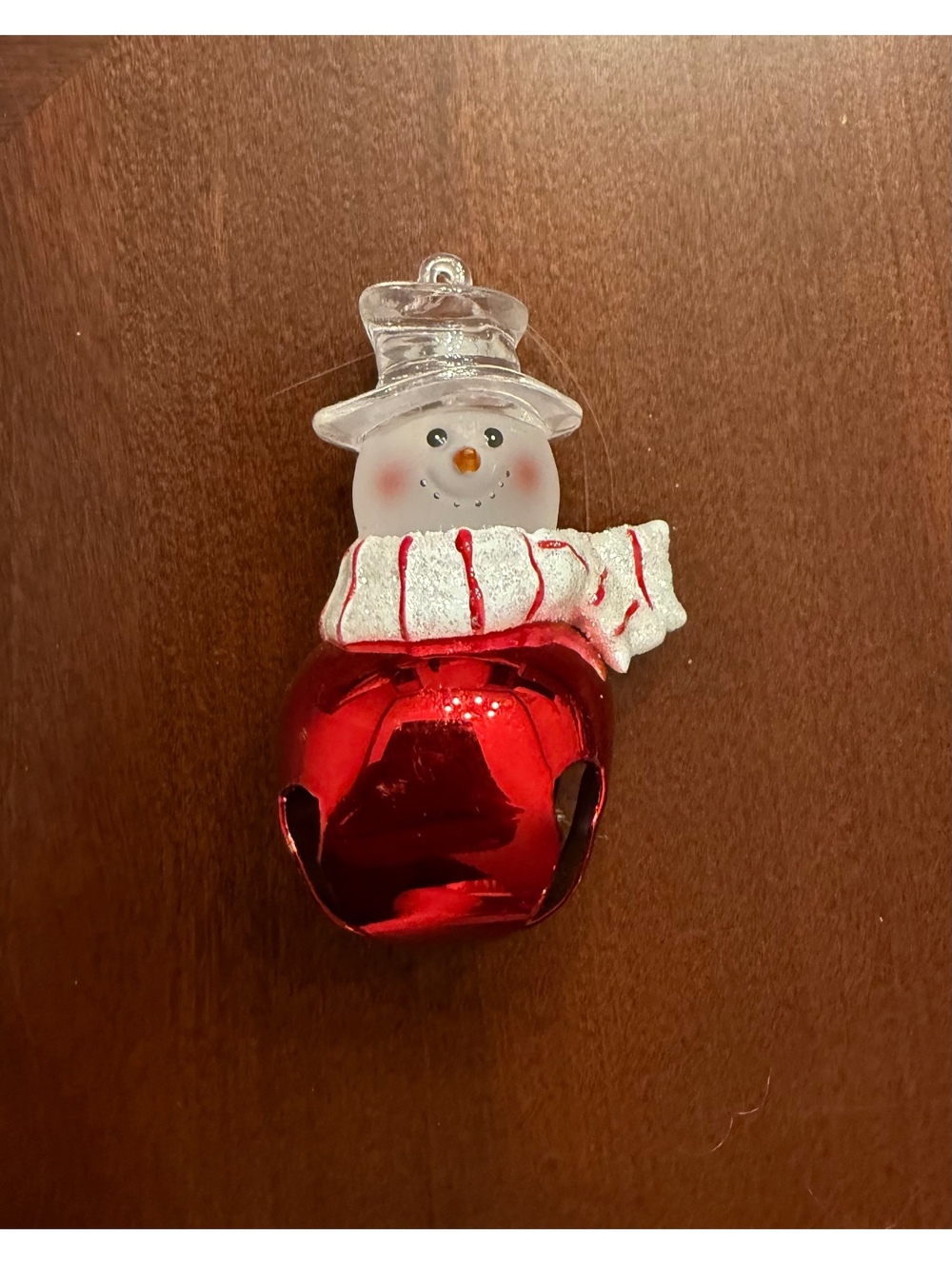 Christmas Snowman Bell Ornament with Clear Hat and Red Scarf